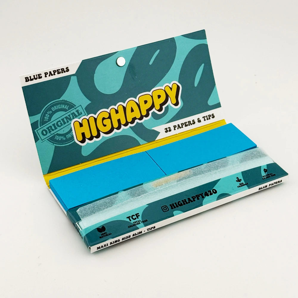 Blaue Maxi Pack Blue Papers und Tips von Highappy, offene Packung mit blauen Papers und Tipps für Zigaretten.
