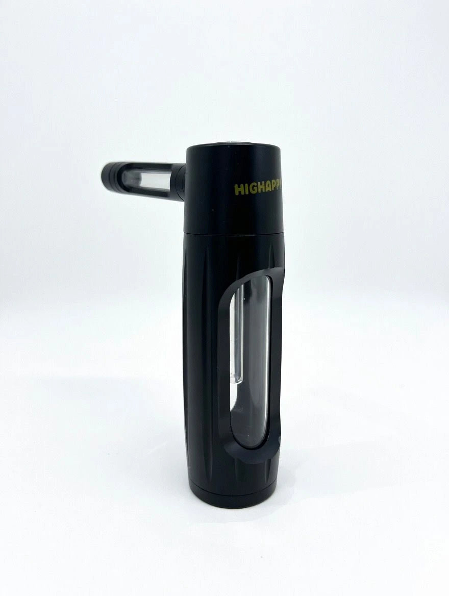 Schwarzer tragbarer Bubbler von Highappy, kompakte Pfeife für unterwegs, mit Glasdesign und sichtbarer Wasserblase.