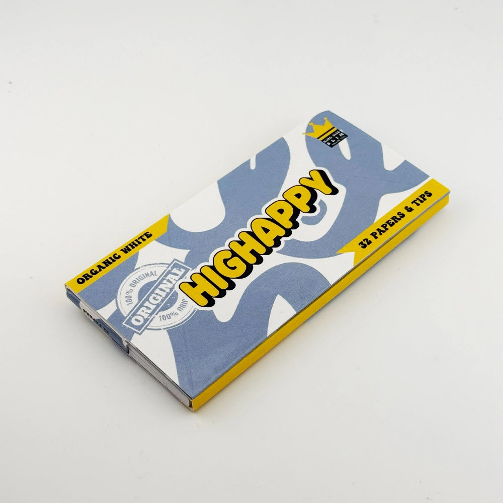 Weiße Papierbox von Highappy mit Tray, inklusive organischer White Papers und Tips, geschlossen im Frontansicht