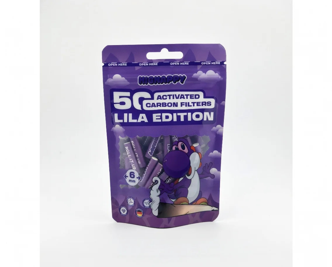 Aktivkohlefilter von Highappy, 6 mm, 50 Stück, für Wasser- oder Luftfiltration, in transparentem Verpackungsdesign.