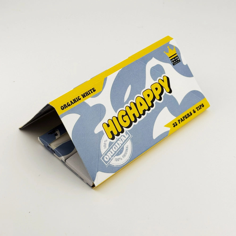 Hochwertiger Maxipack mit weißen Organic Papers und Tipps, inklusive Ablagefach, von der Marke Highappy für nachhaltiges Rauchen.